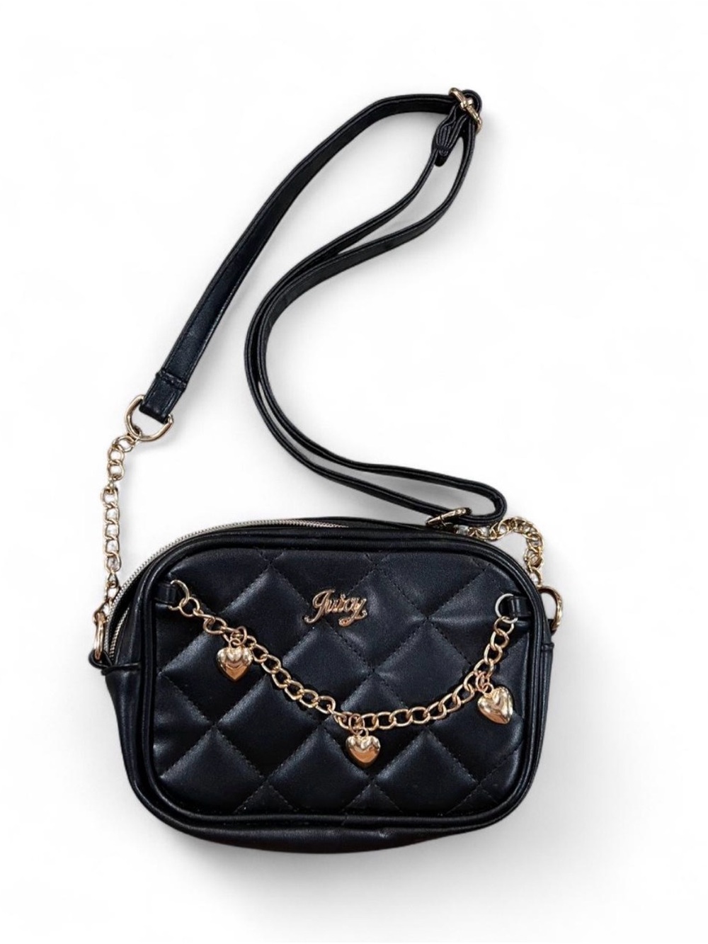 Kids Juicy Couture Black Quilted Crossbody Bag with Gold Heart Chain